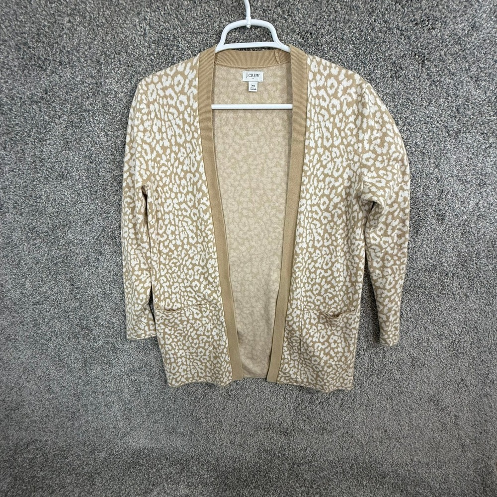 J.Crew Womens XS Leopard Print Open Front Cotton Cardigan Tan White Pockets
